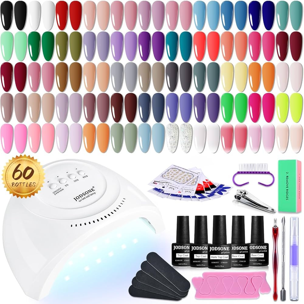 JODSONE Gel Nail Polish Kit 60 PCS with U V Light Soak off Base Top Coat 55 Shine Colors Gel Nail Kit Bright and Dark Brown Wine Red Series Manicure Set for Women and Girls | Amazon (US)