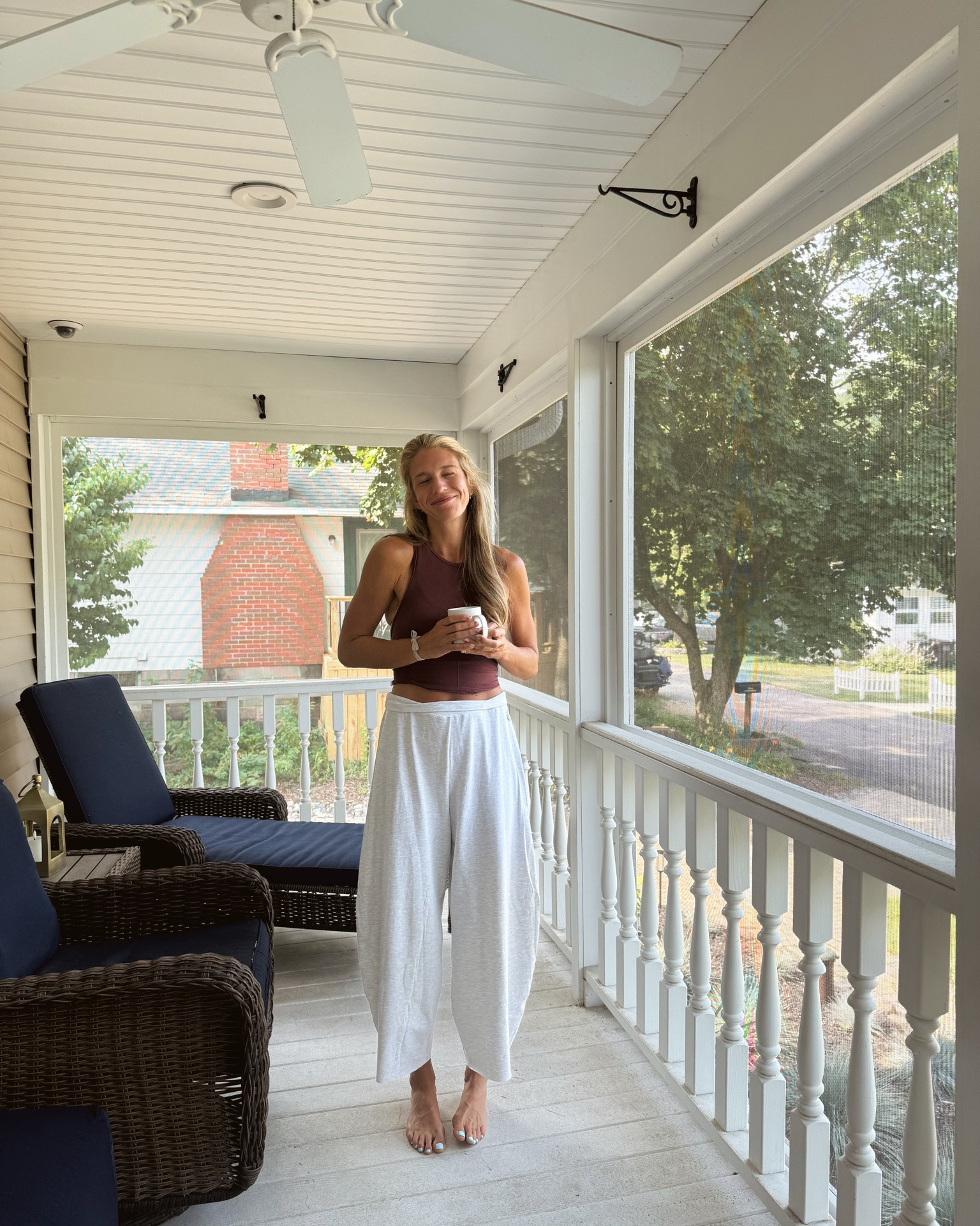 Summer morning, coffee well in Wisconsin for a family trip. These lounge bands from @FPmovement are so comfortable and breathable. I size down to a small. They are perfect for postpartum or lounging around the house or even a travel outfit. 

I am wearing size M/L in the top

#FPMovementPartner

#LTKootd #LTKTravel #LTKTall
