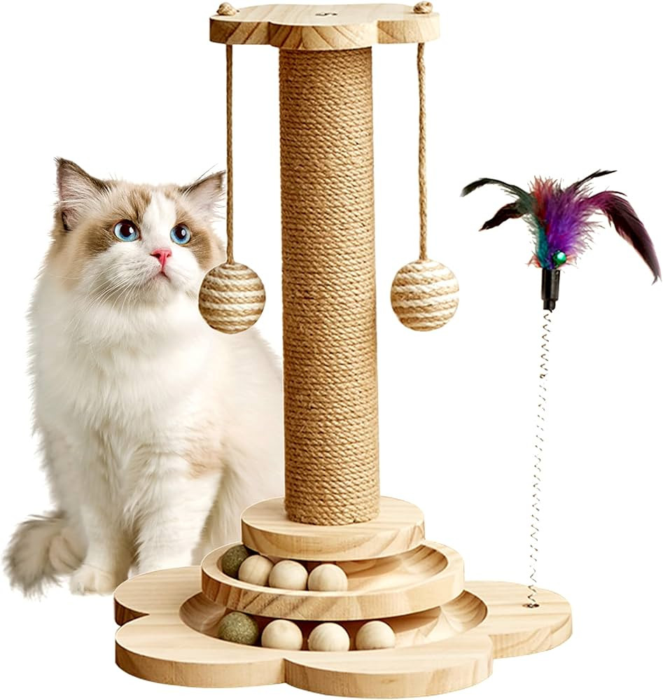 Cat Scratching Post, 4 in 1 Wooden Cat Scratcher Toy, 17.7" Tall Scratch Post with 2 Level Cat Tr... | Amazon (US)
