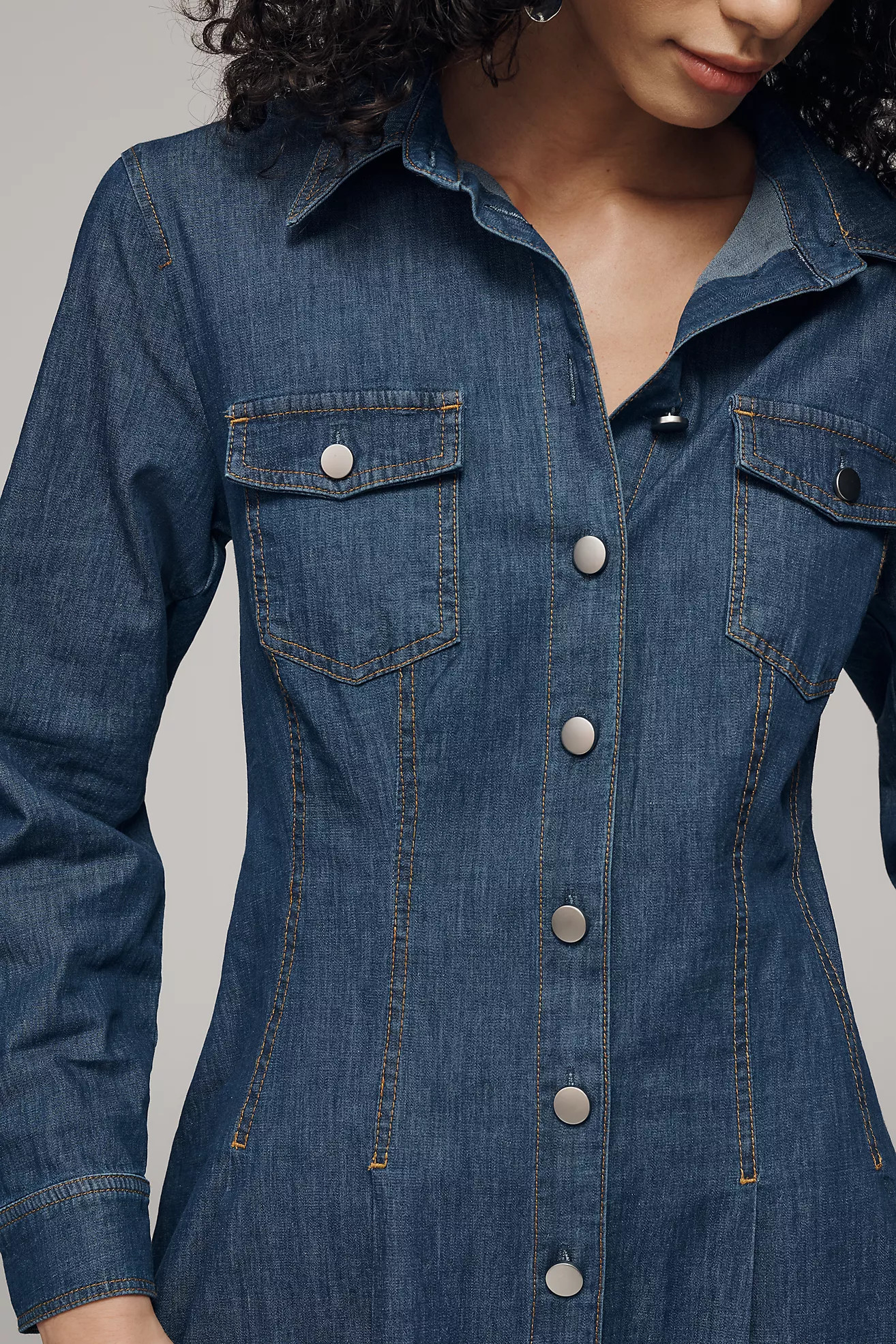 Exquise Long-Sleeve Waisted Denim Mini Shirt Dress | Anthropologie (US)