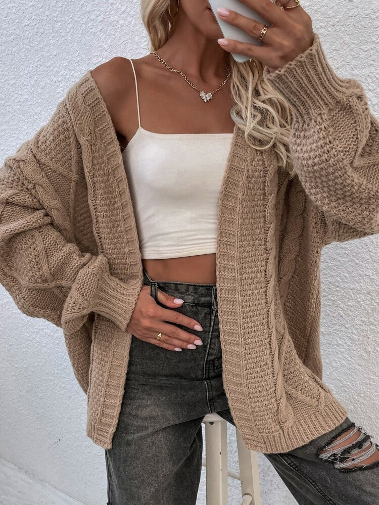 Cable Knit Drop Shoulder Cardigan | SHEIN
