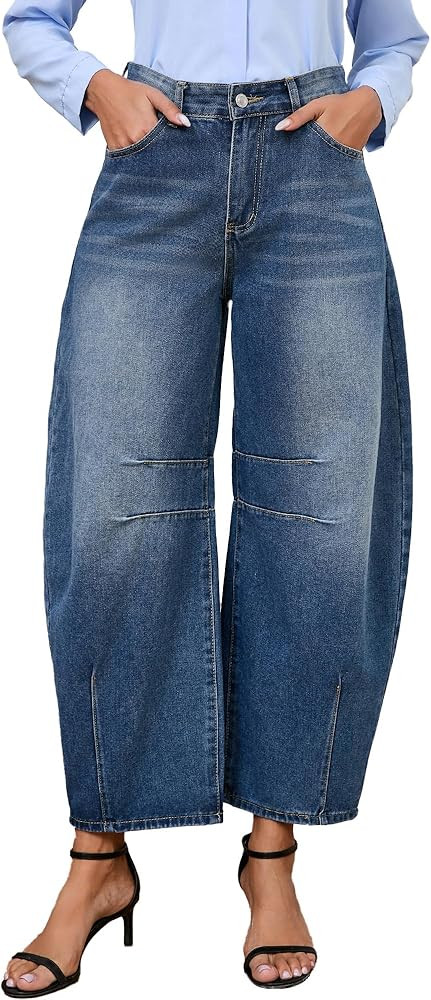 LaiyiVic Barrel Jeans for Women Wide Leg Mid Waist Cropped Denim Pants Baggy Boyfriend Jeans | Amazon (US)