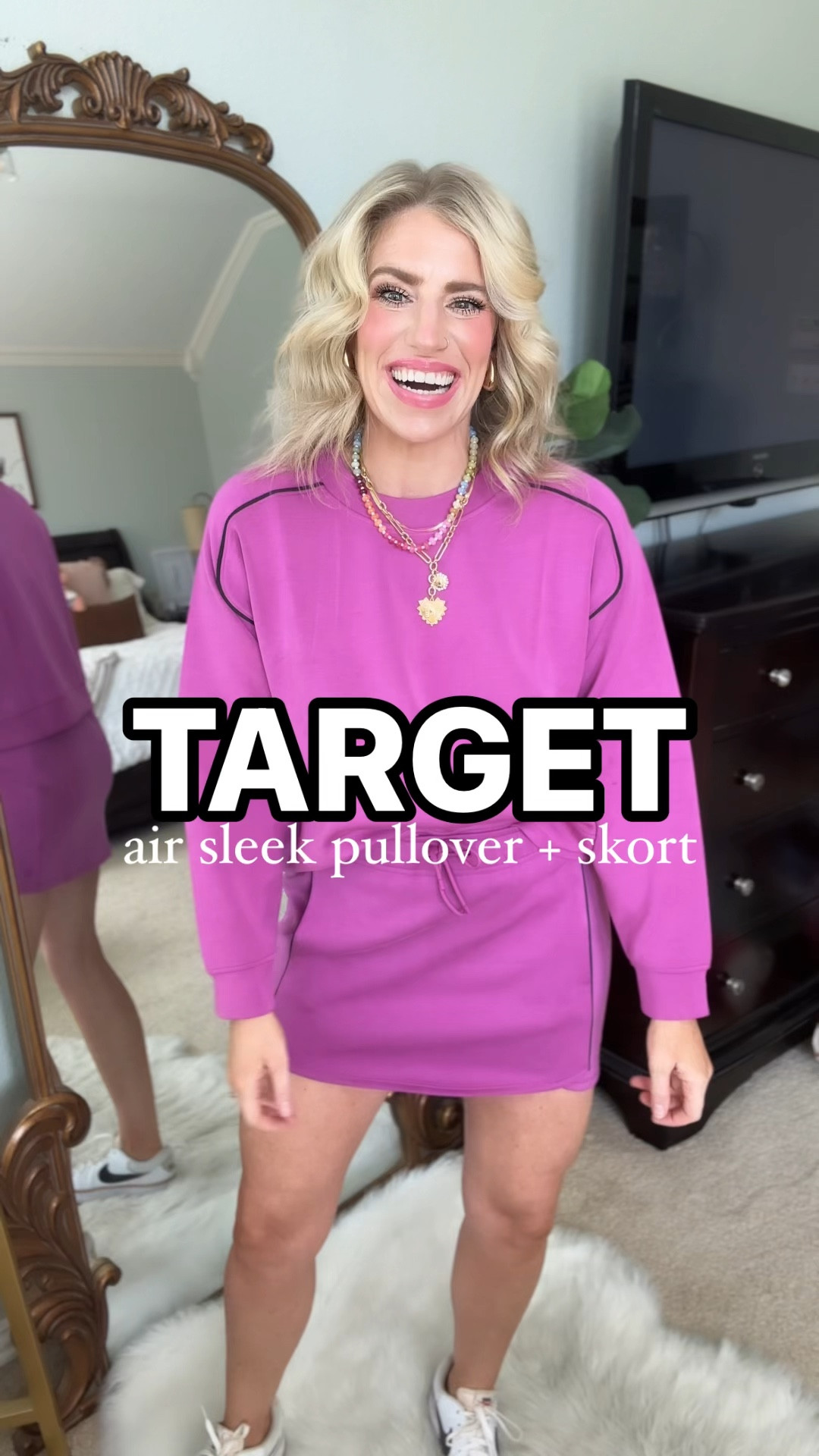 Target air sleep pullover + skort
Pullover runs small and sized up to medium
Skort runs tts and wearing a small
Comes in a few colors with and without piping 
Great for running errands, travel and sport mamas! 

#LTKFindsUnder50 #LTKFitness #LTKStyleTip