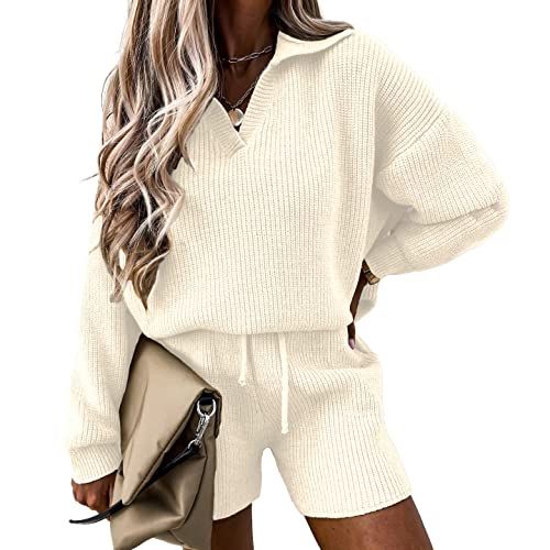 PRETTYGARDEN Women's 2 Piece Outfits 2023 Winter Long Sleeve V Neck Knit Pullover And Shorts Sweater | Amazon (US)