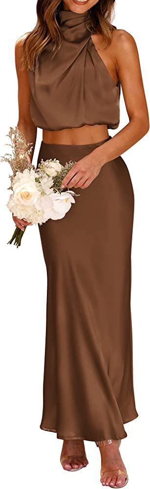 PRETTYGARDEN Women's 2 Piece Satin Outfits Summer Sleeveless Mock Neck Crop Tops And Long Skirt D... | Amazon (US)