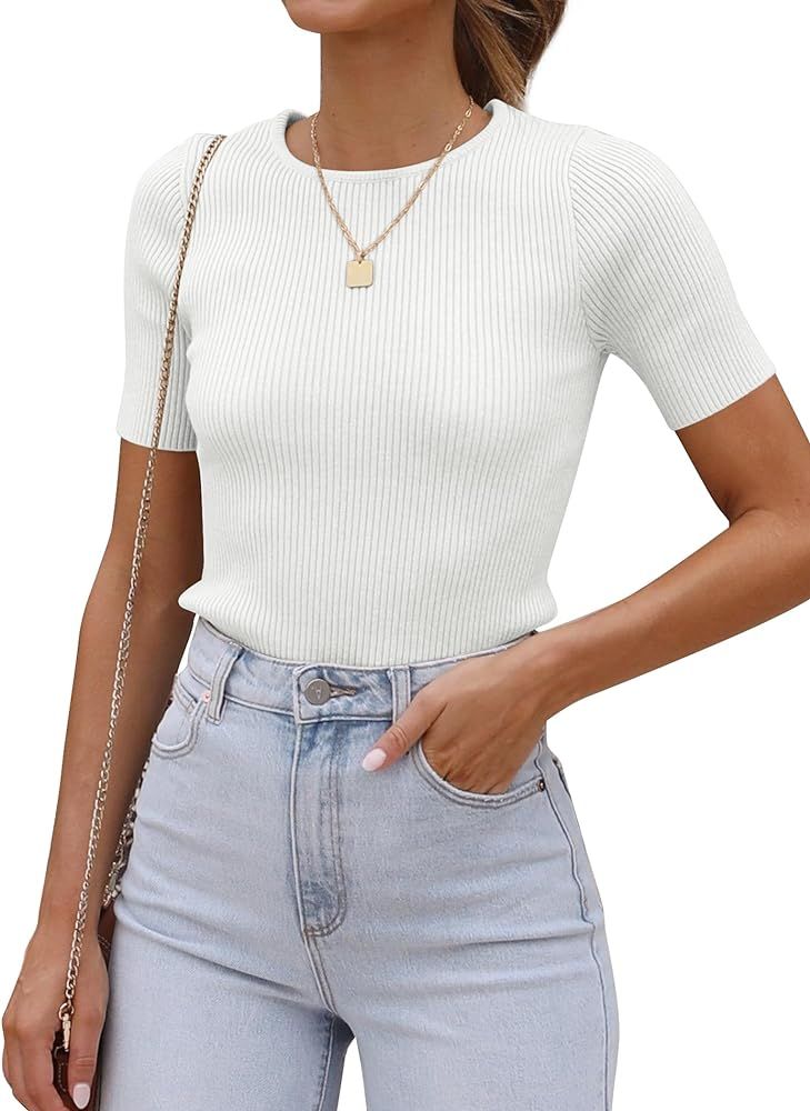 SAMPEEL Womens Tops Short Sleeve Trendy Ribbed Knit Basic Tshirts | Amazon (US)