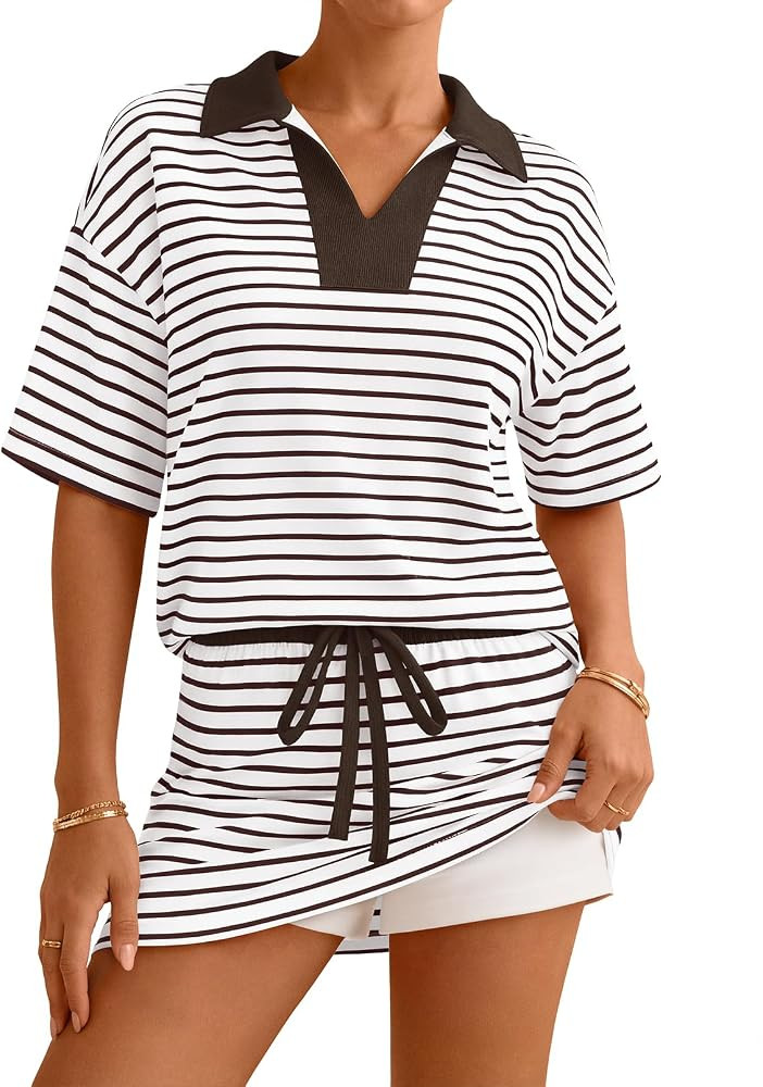MEROKEETY Women's Striped 2 Piece Outfits Casual Skirt Set Workout Short Sleeve Polo Shirt Skort ... | Amazon (US)