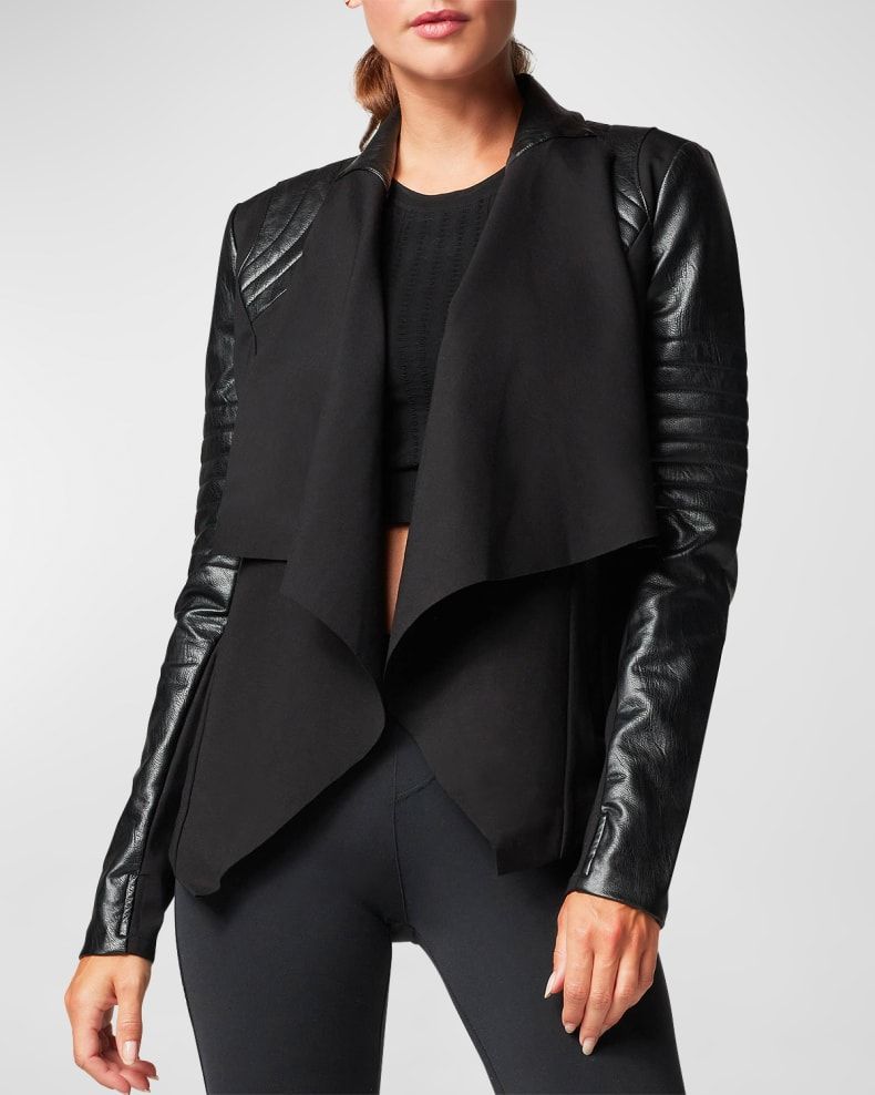 Blanc Noir Drape-Front Quilted Faux-Leather Jacket | Neiman Marcus