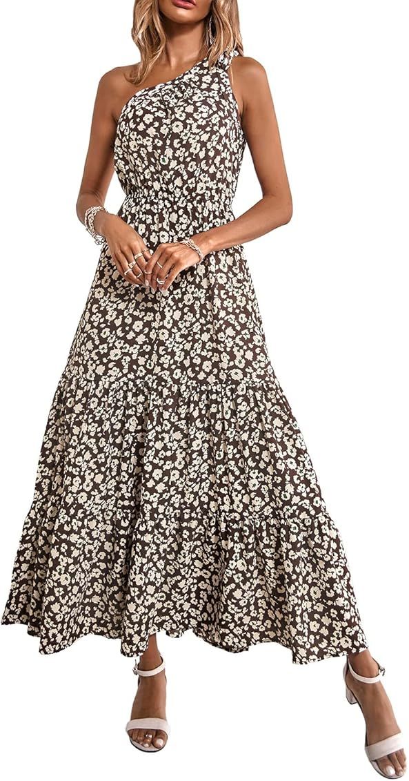 PRETTYGARDEN Women's Summer Floral Dress One Shoulder Sleeveless Knot Ruffled Hem Flowy Bohemian Max | Amazon (US)