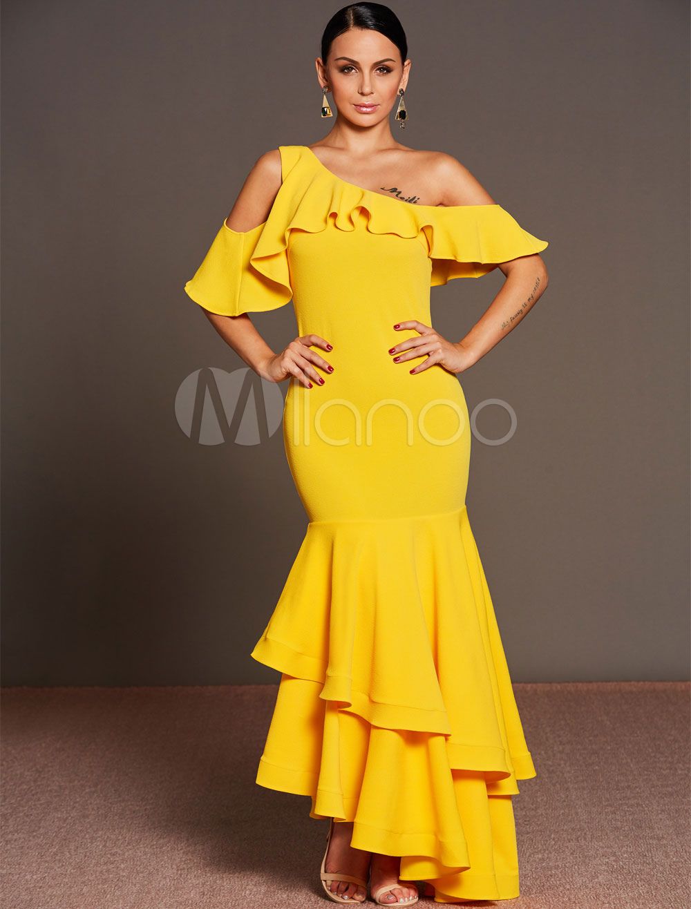 Yellow Women Dress Maxi Party Dress One Shoulder Layered Ruffle Long Bodycon Dresses | Milanoo
