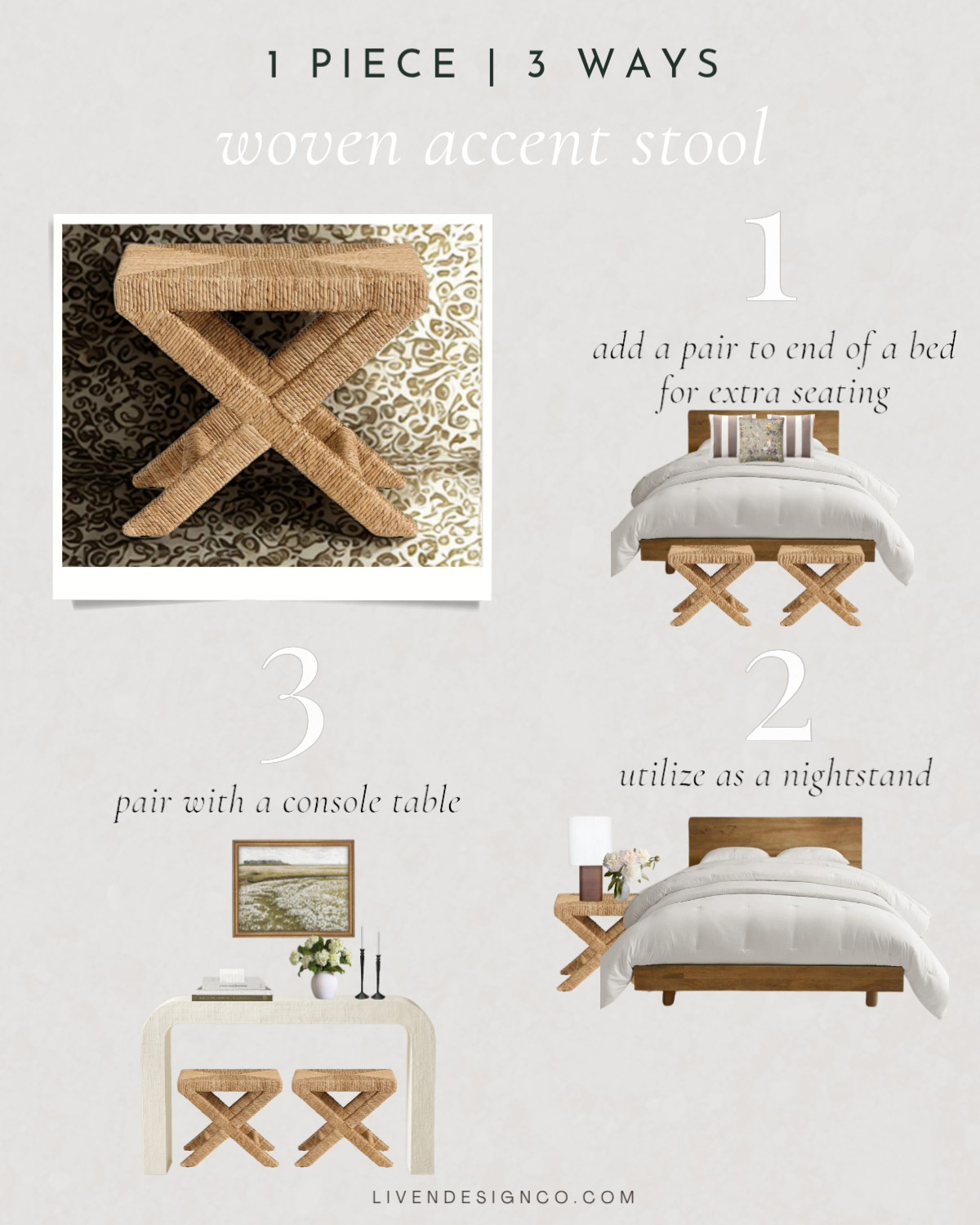 Woven accent stool. How to style. Home decor. End of bed stools. Seagrass stool. Entryway stool. Console styling. Nightstand. Accent table. Coffee table books. Landscape painting. Ceramic vase. Throw pillows. 

#LTKHome #LTKSeasonal #LTKStyleTip