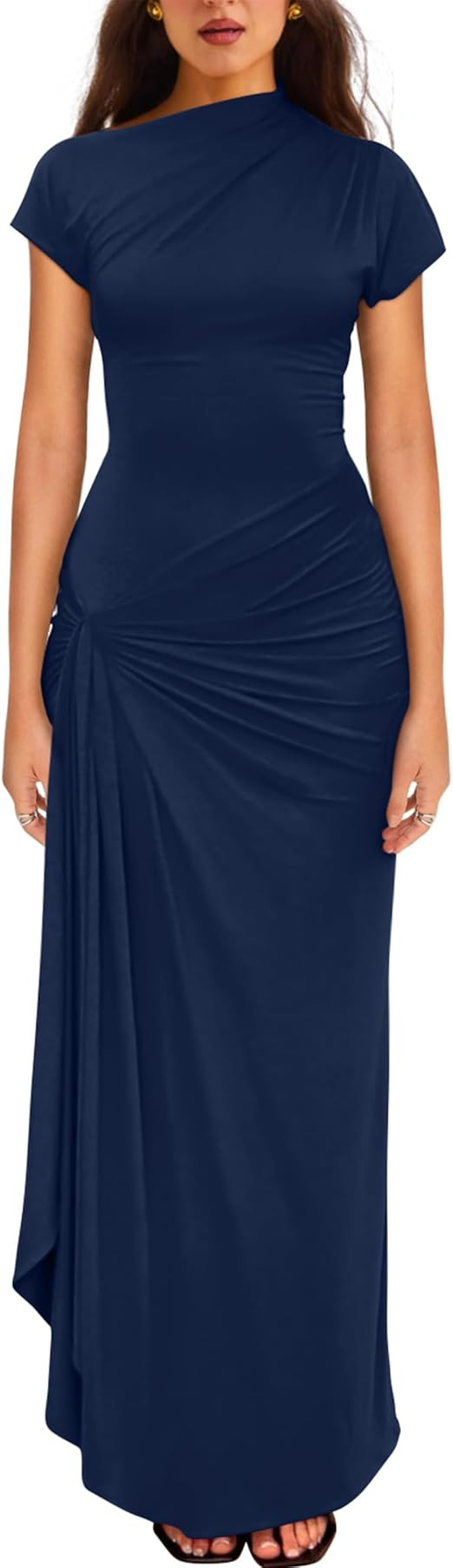 YMDUCH Women's Casual Short Sleeve Boat Neck Ruched High Split Bodycon Long Party Dress | Amazon (US)