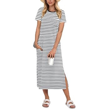 ANRABESS Womens Midi Dress,Summer Long Tshirts Dresses,Short Sleeve Split Stripe,Comfy Travel Bea... | Amazon (US)