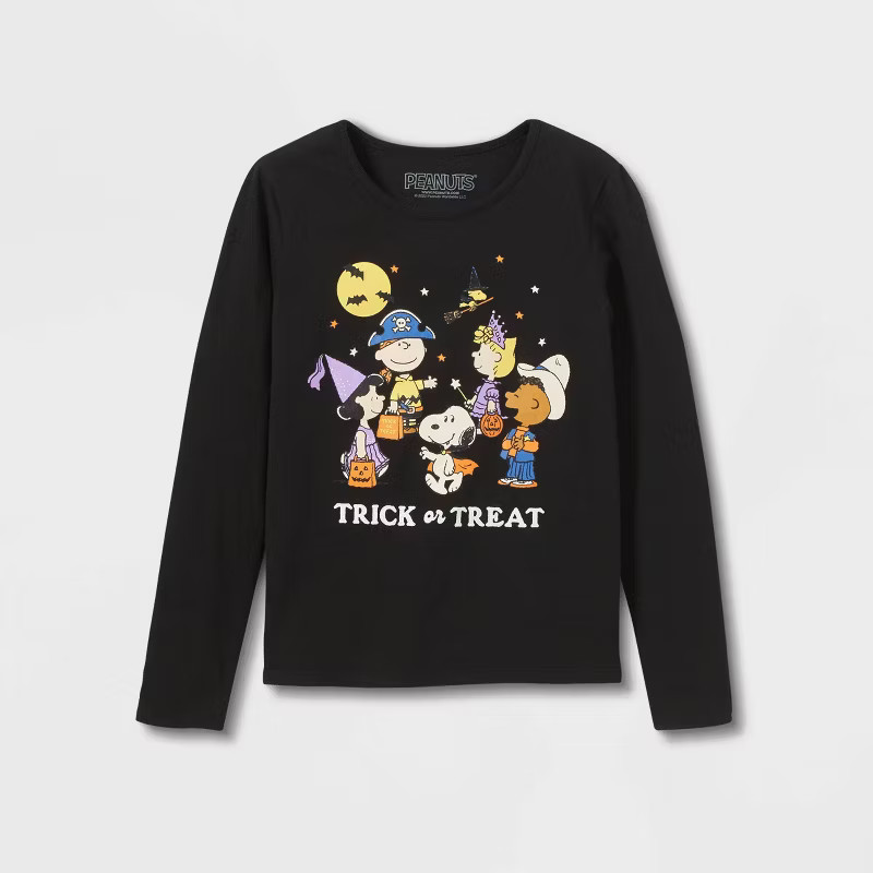 Girls' Peanuts 'Trick or Treat' Halloween Long Sleeve Graphic T-Shirt - Black | Target