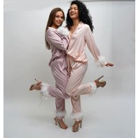 New Pajamas With Feathers, Bridesmaid Feather Pj Set, Cuff Pajamas, Gift, Satin Withremovable Feathers | Etsy (US)
