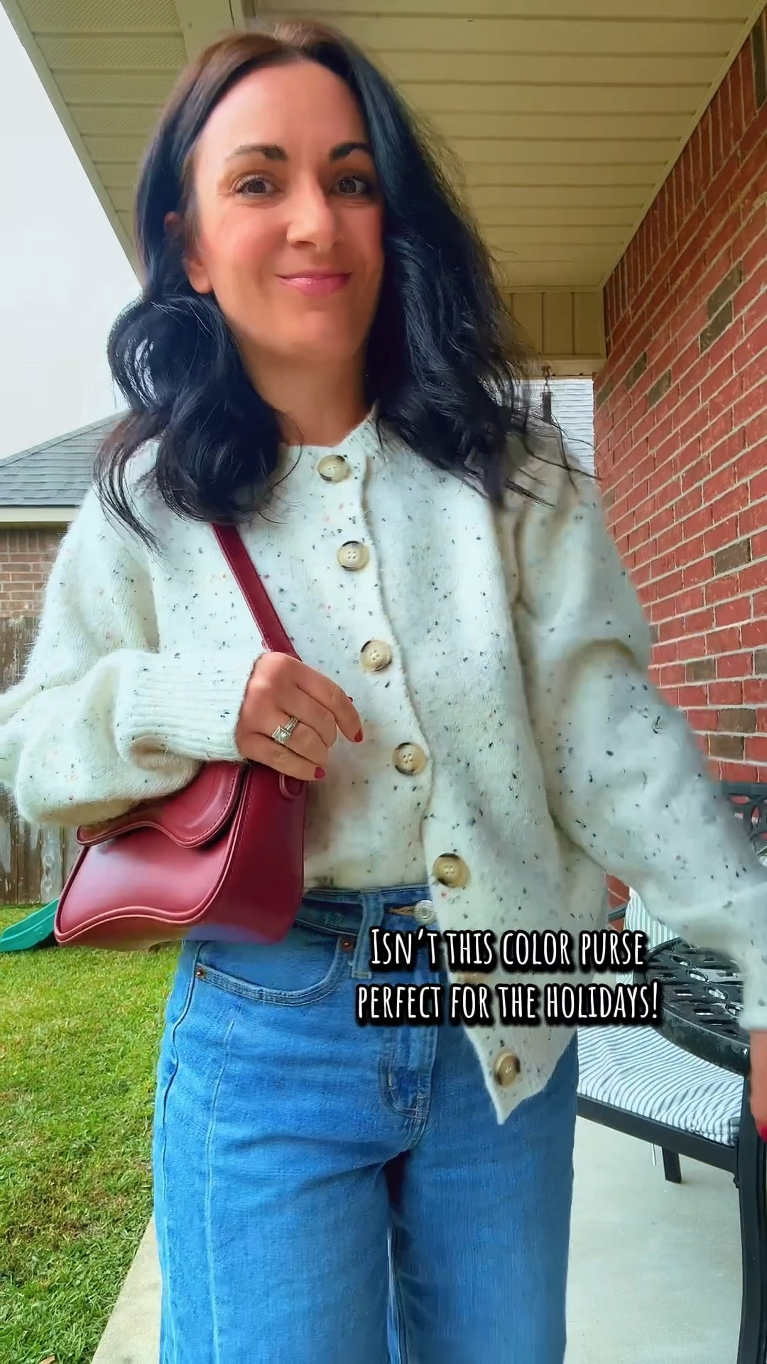 Perfect red purse for the holidays and speckled chunky knit cardigan  

#LTKootd #LTKPetite #LTKFindsUnder50