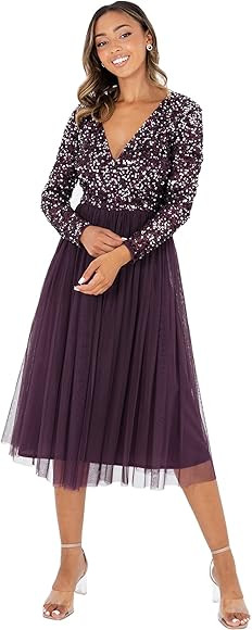 Maya Deluxe Damen Midi Elegant Hochzeit Ärmel Tiefer V Ausschnitt Pailletten Cocktailkleid Absch... | Amazon (DE)
