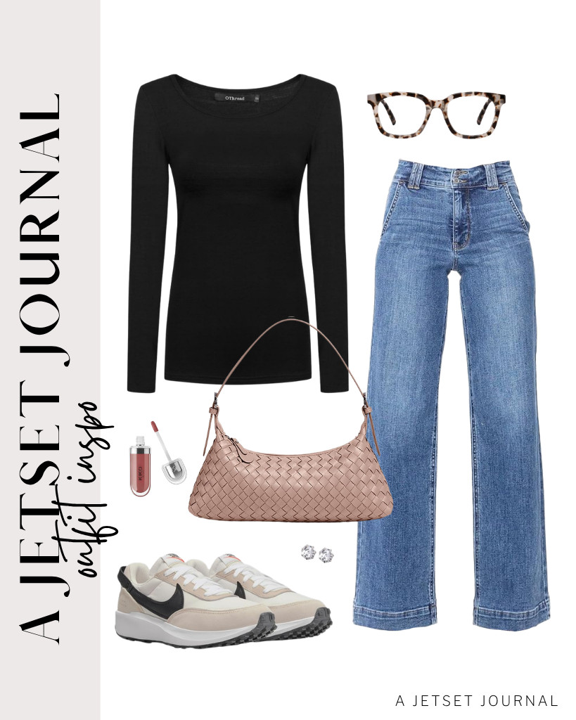This combination of a black long-sleeve top from OThread & Co. and wide-leg jeans from Astylish goes well with this woven tote bag and Nike Waffle Debut shoes. Add these blue light-blocking glasses, too, and complete the look with stud earrings and KIKO Milano 3D Hydra Lip Gloss. 

 #LTKSeasonal #LTKSaleAlert #LTKTravel