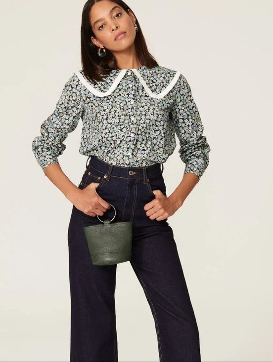 Maje City Peter Pan Collar Button Down Top Blue Floral Poplin Cotton | Poshmark