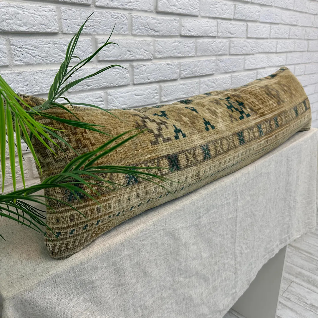 Handmade Long Lumbar Pillow Cover, Blue Vintage Turkish Rug Cushion, 12x48 Boho Kilim Pillow, Rus... | Etsy (US)
