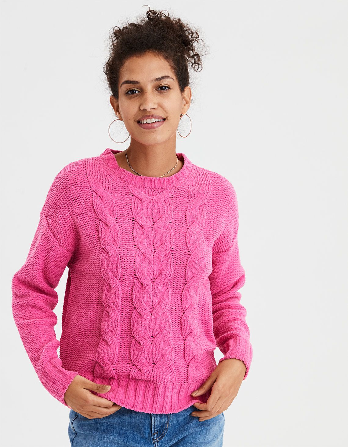 AE Impossibly Soft Cable Knit Sweater, Pink | American Eagle Outfitters (US & CA)