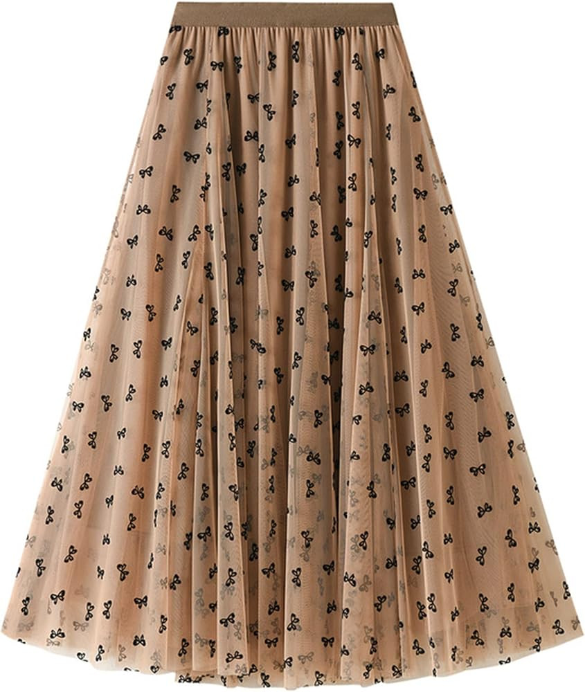 Dirholl Women's A-Line Fairy Patterned Elastic Waist Ruffle Tulle Layered Midi Skirt | Amazon (US)