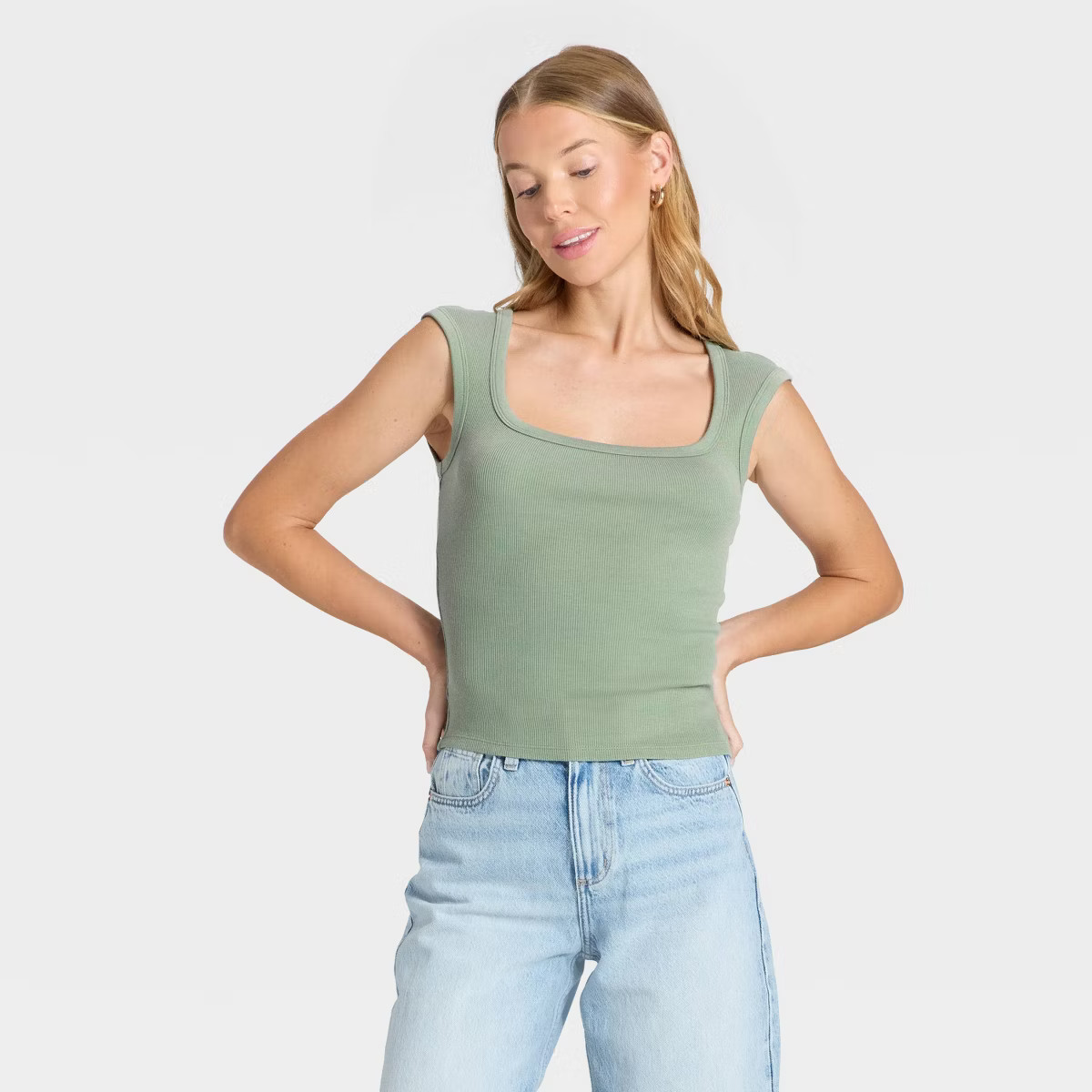 Women's Slim Fit Square Neck Ribbed T-Shirt - Universal Thread™ Green M | Target