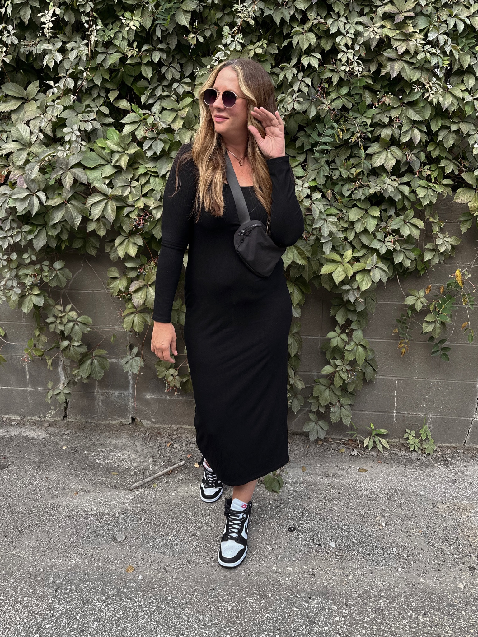 Total cool girl style even at the age of 44! This black dress is a total skims dupe and so comfy! Paired with Nike dunks for a fun look! 

#LTKstyletip #LTKover40 #LTKFind
