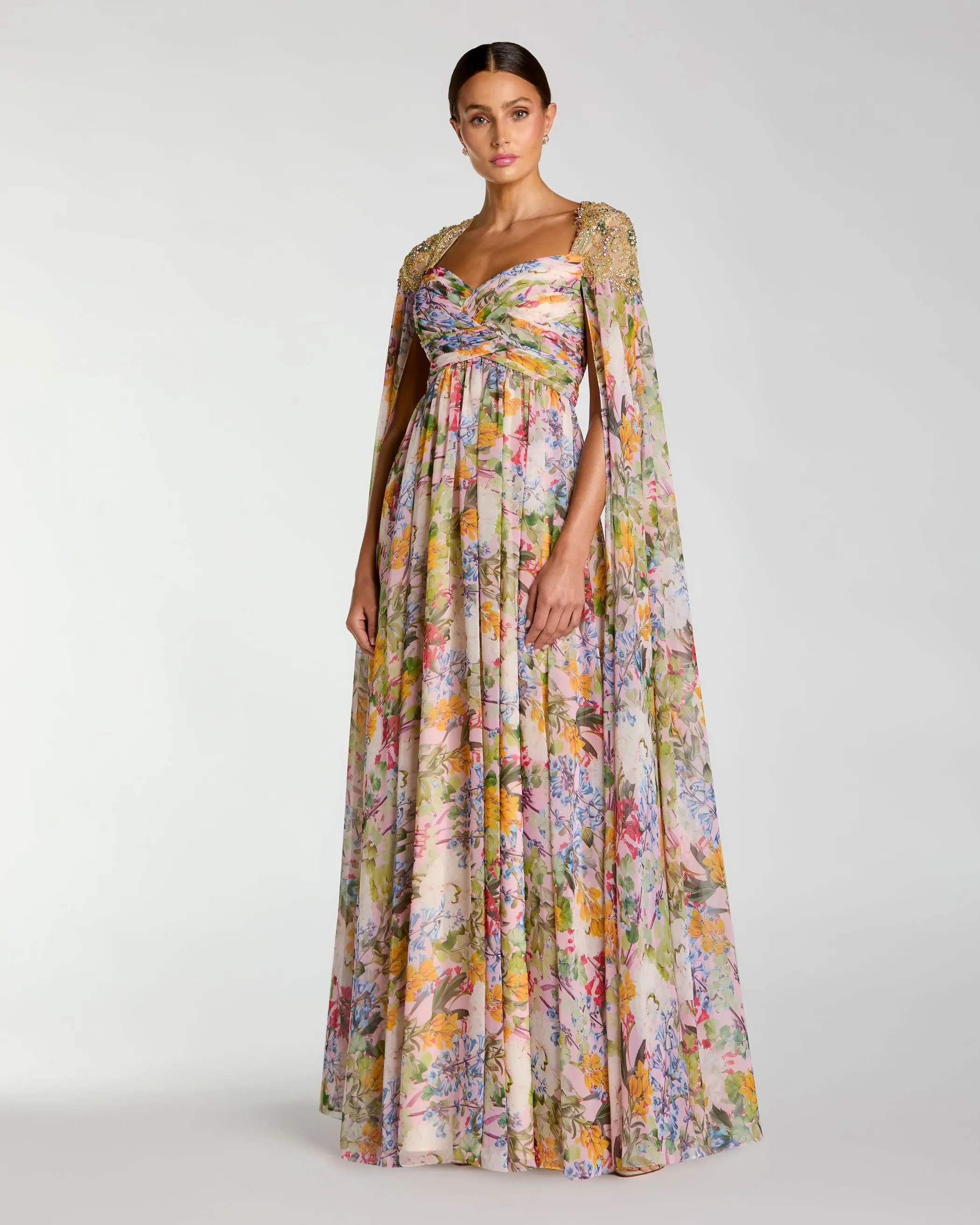 Multicolor Floral Gown With Beaded Cape Sleeves | Mac Duggal | Mac Duggal