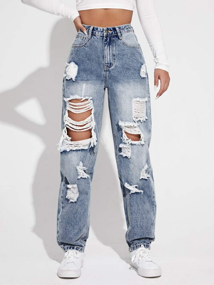 High Waisted Ripped Light Wash Jeans | SHEIN