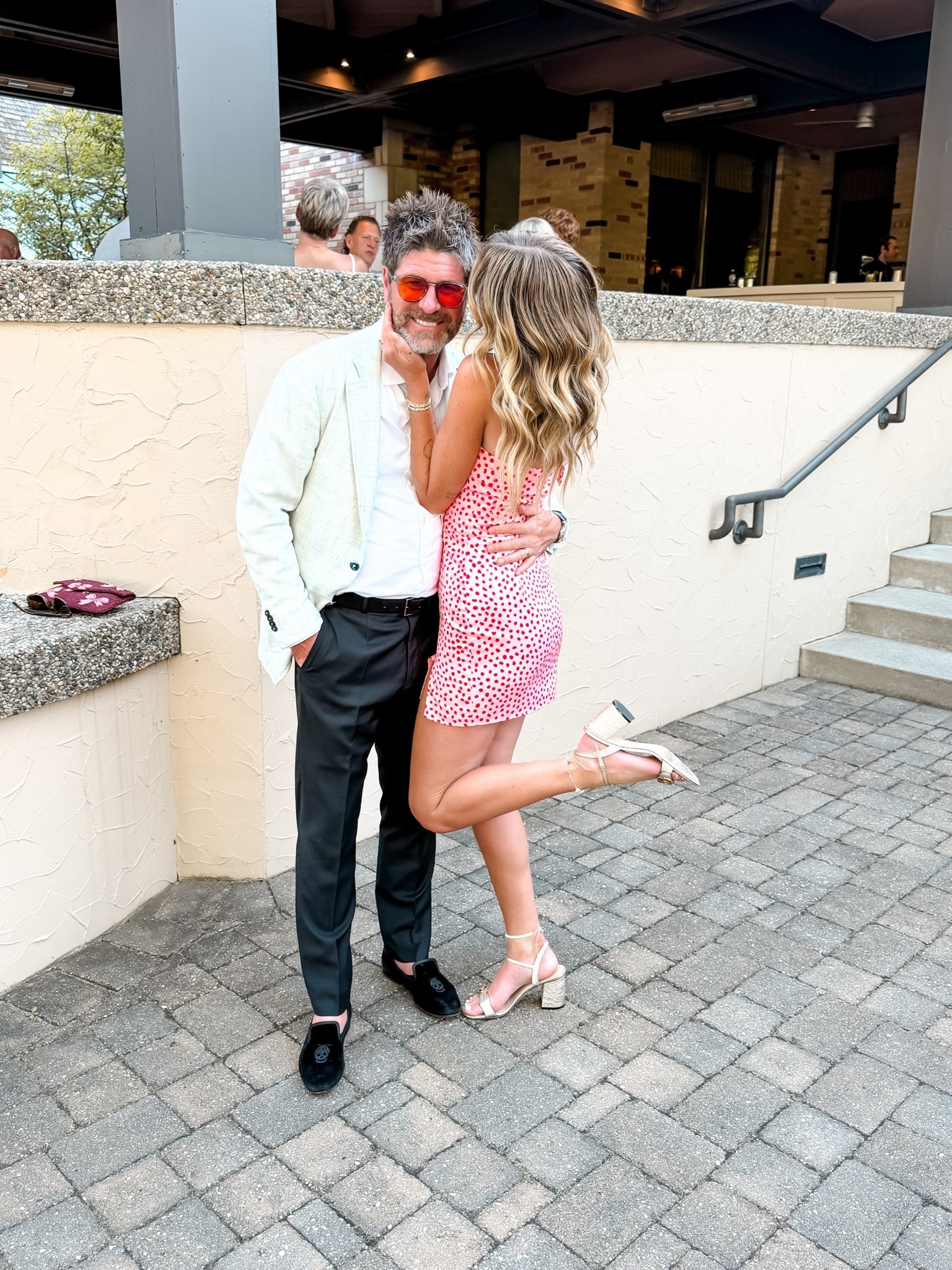 Date night and country club party
Summer wedding and pink polka dot dress 
Gold Gucci shoes