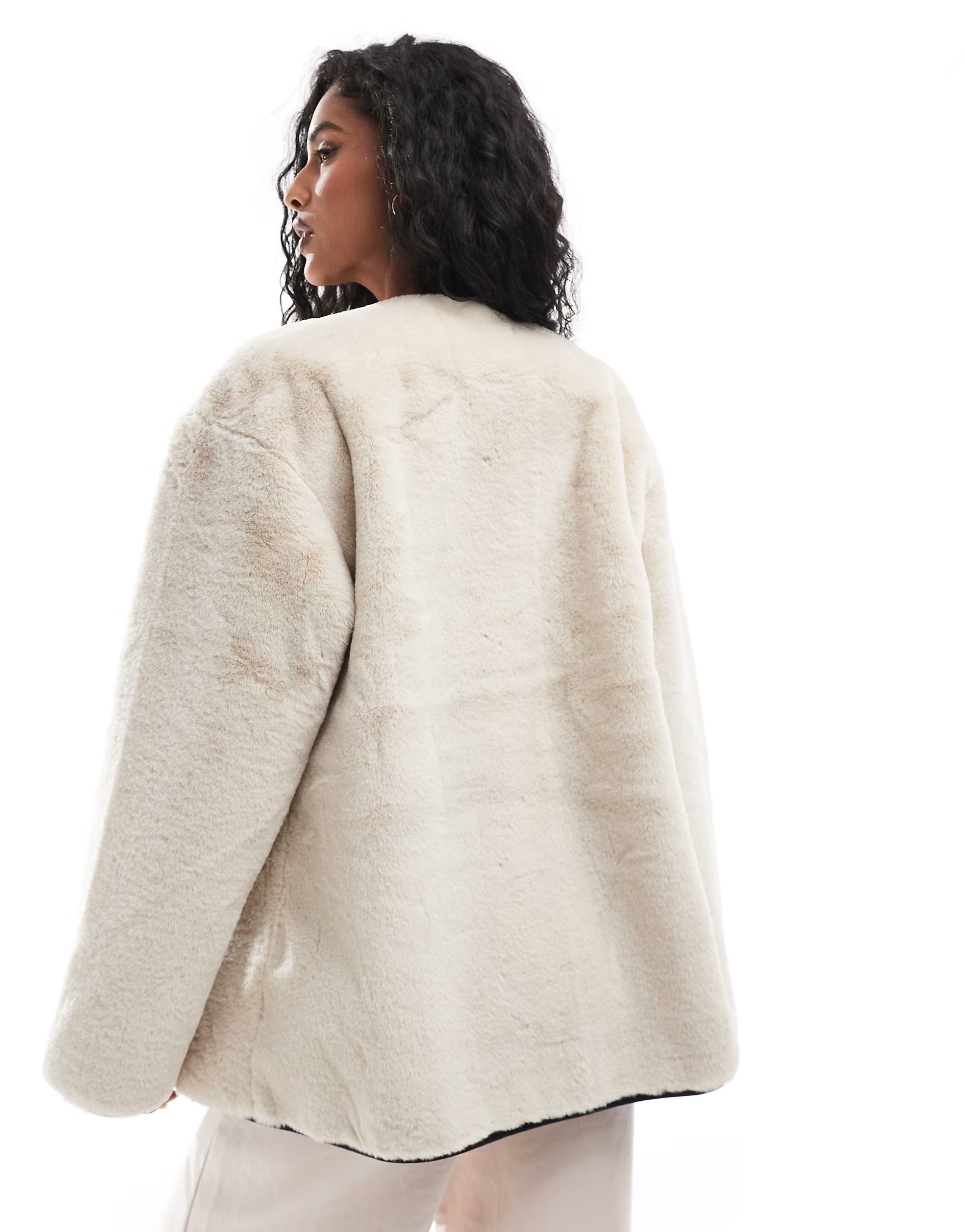 YAS faux fur jacket with buckle fastening in neutral - STONE | ASOS (Global)