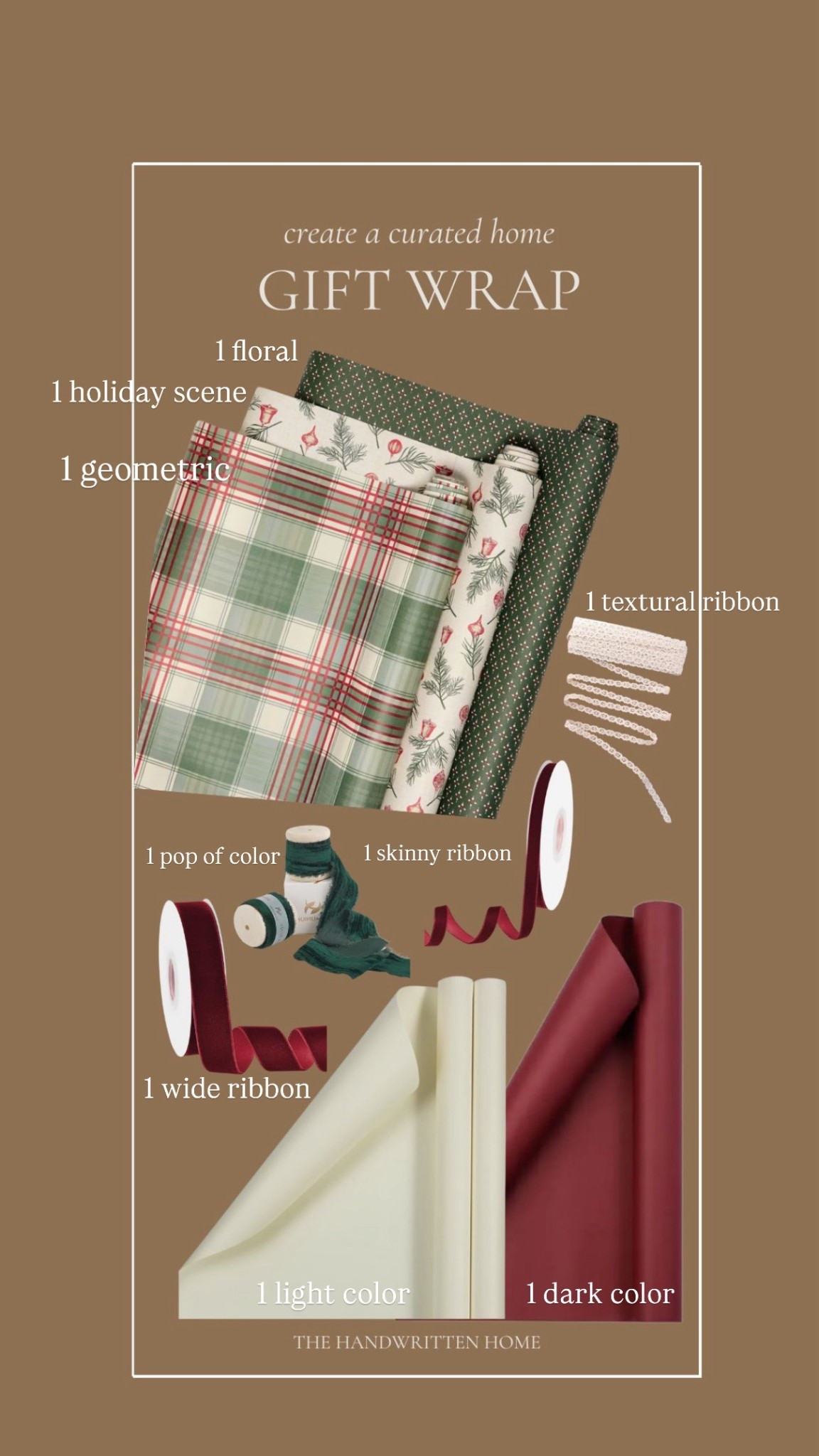 Designer looking wrapping paper combination that I use time and time again! If you follow this formula all the presents under the tree will be cohesive! Mix and match whatever way you choose!

Burgundy velvet ribbon
Dark green velvet ribbon
Silk velvet ribbon
Cotton lace ribbon
Plaid wrapping paper
Red and green wrapping paperr

#LTKGiftGuide #LTKStyleTip #LTKHoliday