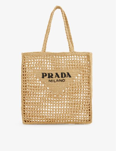 Prada
            
                
        	Logo crochet straw tote bag | Selfridges