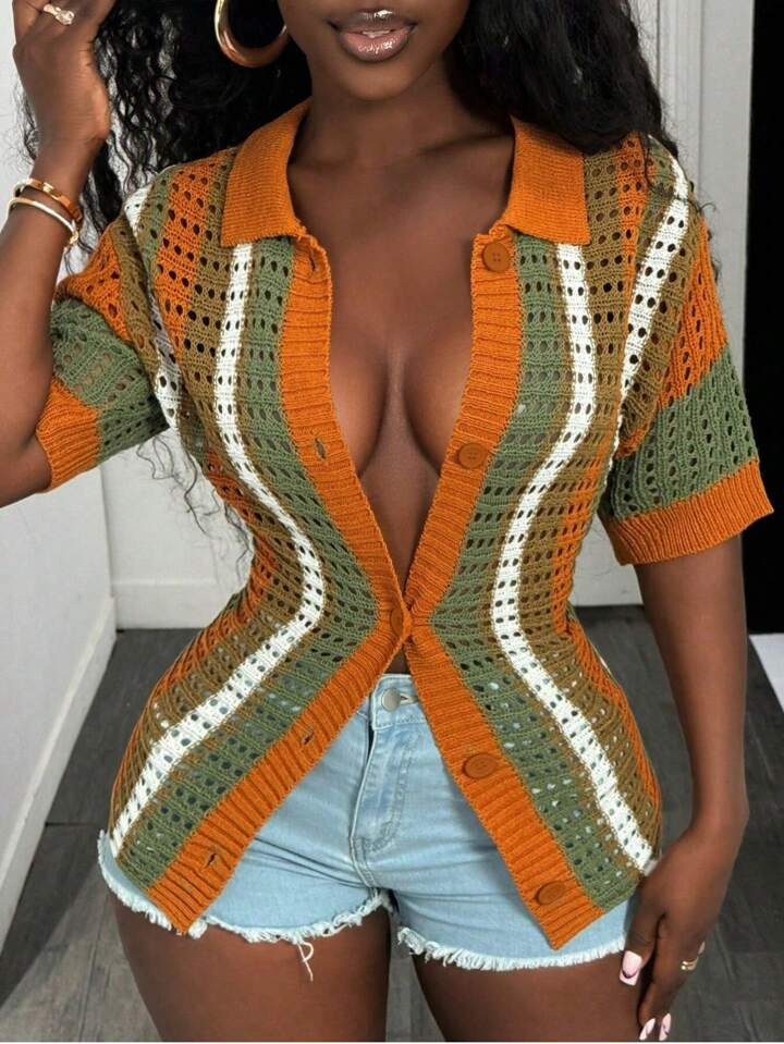 BamGleam Women's Knitted Cardigan Cardigan Half Sleeved Women's Top Button Semi Transparent Color... | SHEIN