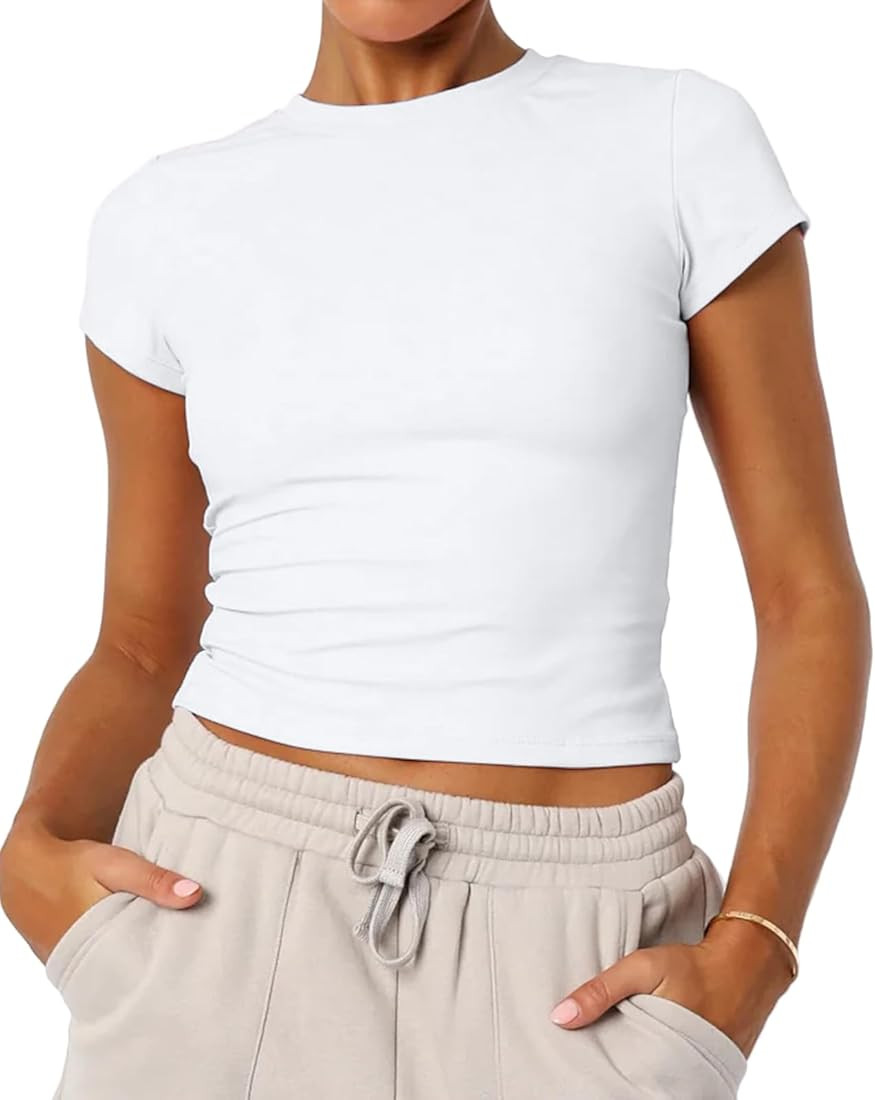 Women's Basic Summer Short Sleeve Crewneck T-Shirts Y2K Cute Going Out Tops Baby Tee | Amazon (US)