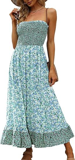KOJOOIN Summer Floral Boho Strapless Maxi Dress for Womens 2023 Casual Beach Flowy Smocked Sleeve... | Amazon (US)