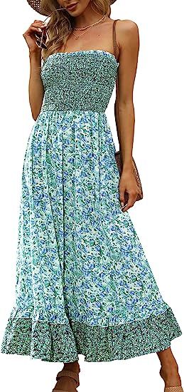 KOJOOIN Summer Floral Boho Strapless Maxi Dress for Womens 2023 Casual Beach Flowy Smocked Sleeve... | Amazon (US)