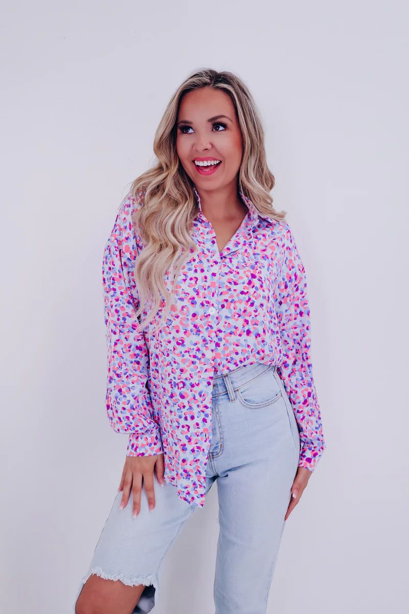 Purrfectly Playful Button Up Blouse - Purple Multi | Whiskey Darling Boutique