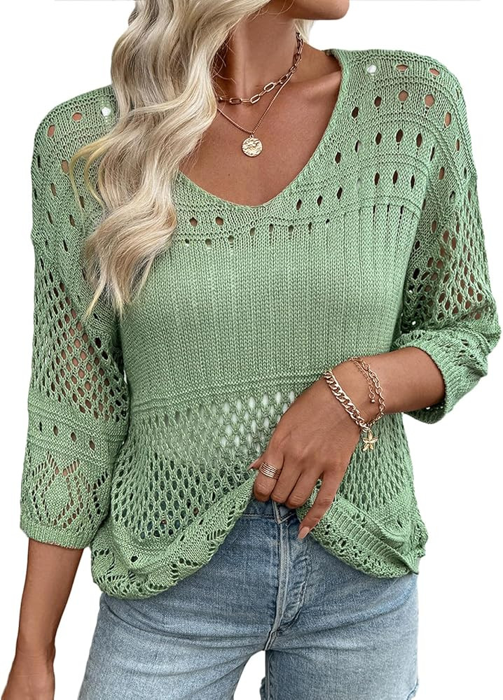 EVALESS Womens Lightweight Sweaters Crochet Hollow Out Knit Tops 3/4 Sleeve Beach Vacation Clothe... | Amazon (US)