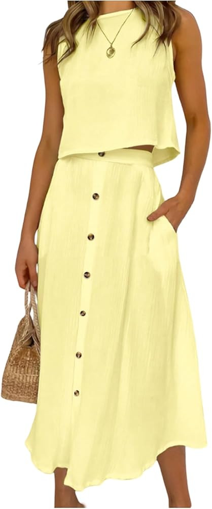 SOLY HUX Women's 2 Piece Skirt Sets Sleeveless Tank Tops and Button Front Skirt Summer Vacation O... | Amazon (US)