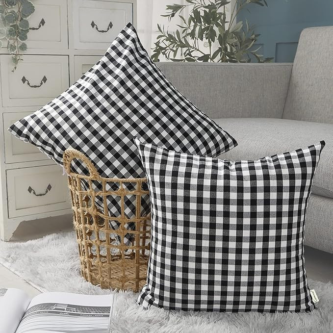CARRIE HOME Black Plaid Throw Pillow Covers 18x18 Set of 2 Black and White Gingham Pillow Covers ... | Amazon (US)
