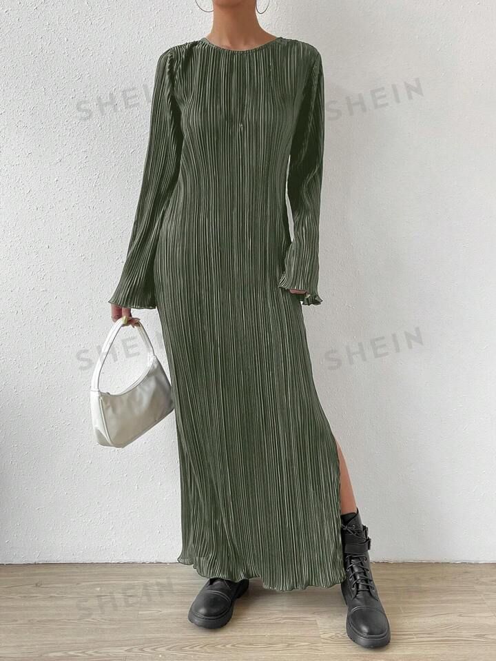 SHEIN Essnce Solid Split Hem Lettuce Trim Plisse Dress | SHEIN