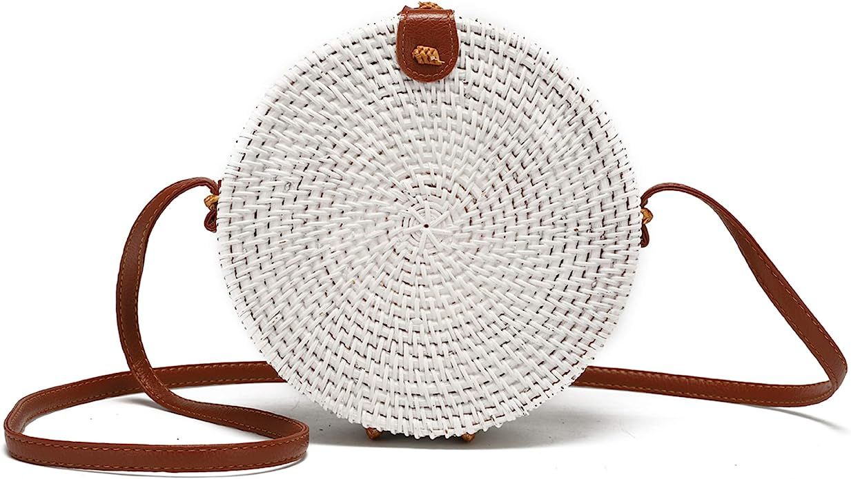 Handwoven Round Rattan Bag for Women with Leather Strap Crossbody Straw Handbag | Amazon (US)