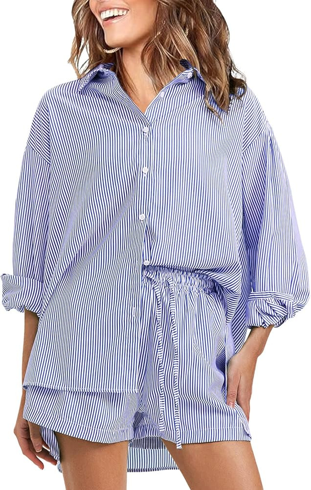 EXLURA Women's Cotton Summer 2 Piece Sets Long Sleeve Button Down Shirts Matching Short Sets Beac... | Amazon (US)