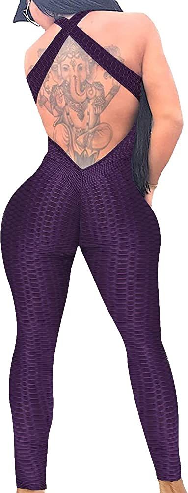 STARBILD Womens Butt Lifting Yoga Jumpsuit Backless Sport Bandage Romper Playsuit Sleeveless Text... | Amazon (US)