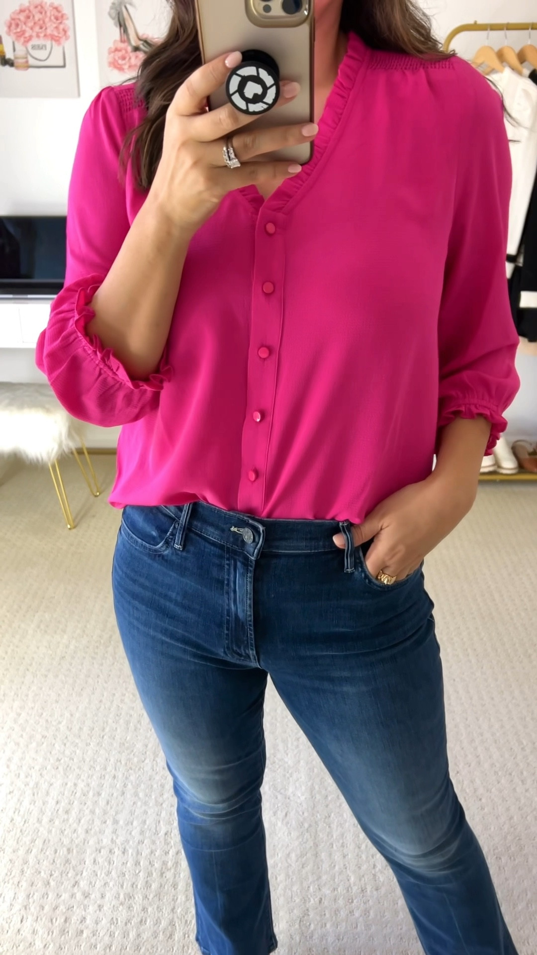 This ruffle trim blouse in the color bright rose is perfect for spring. This feminine top is available in 8 more colors ranging in size from XXS- XL  

#LTKmidsize #LTKover40 #LTKplussize