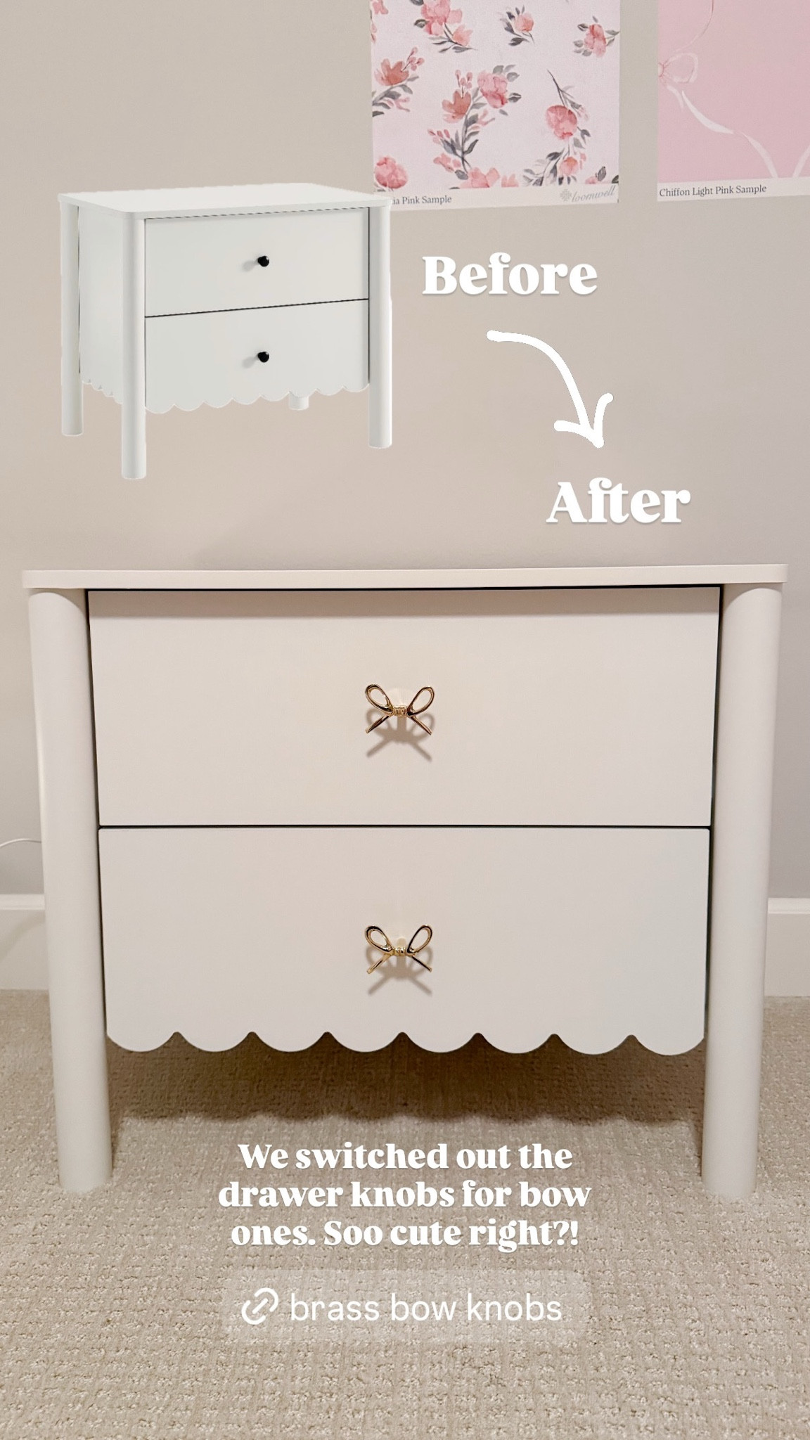 Brass bow knobs! We switched out the drawer knobs for bow ones. Soo cute right?!
