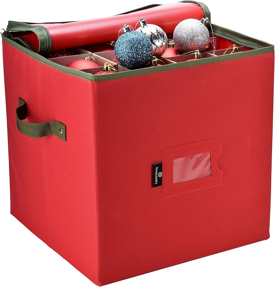 Handy Laundry Christmas Ornament Storage - Stores upto 64 Holiday Ornaments, Adjustable Dividers, Zippered Top, Two Handles. Storage Box Keeps Holiday Decorations Clean and Dry for Next Season. (Red) | Amazon (US)