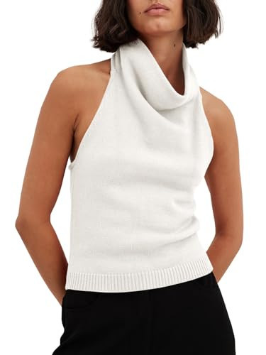 Langwyqu Womens Turtleneck Sweater Vests Sleeveless Knit Halter Tank Tops Sexy Loose Cami Shirts White | Amazon (US)